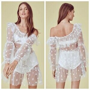 For Love & Lemons Claudia Tulle Dress Sheer Daisy Women’s Size Small Off Shoulde